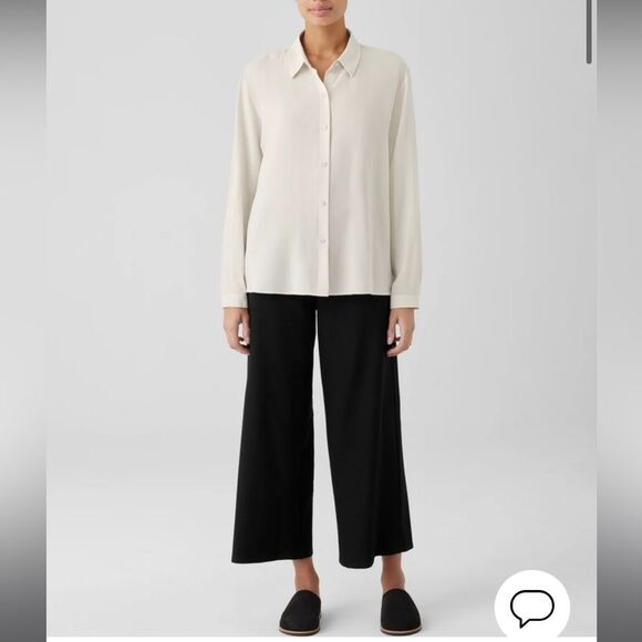 New Eileen Fisher silk Georgette crêpe cream, bone classic collar button down - Picture 2 of 12